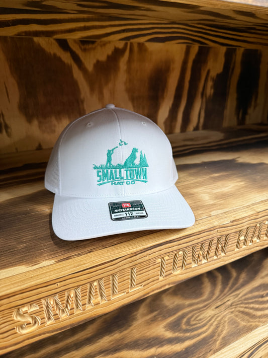 All white 112 teal embroidery